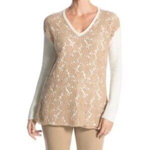 Chicos Womens Christina Lace Front Pullover Sweater V Neck Tan Cream size Small